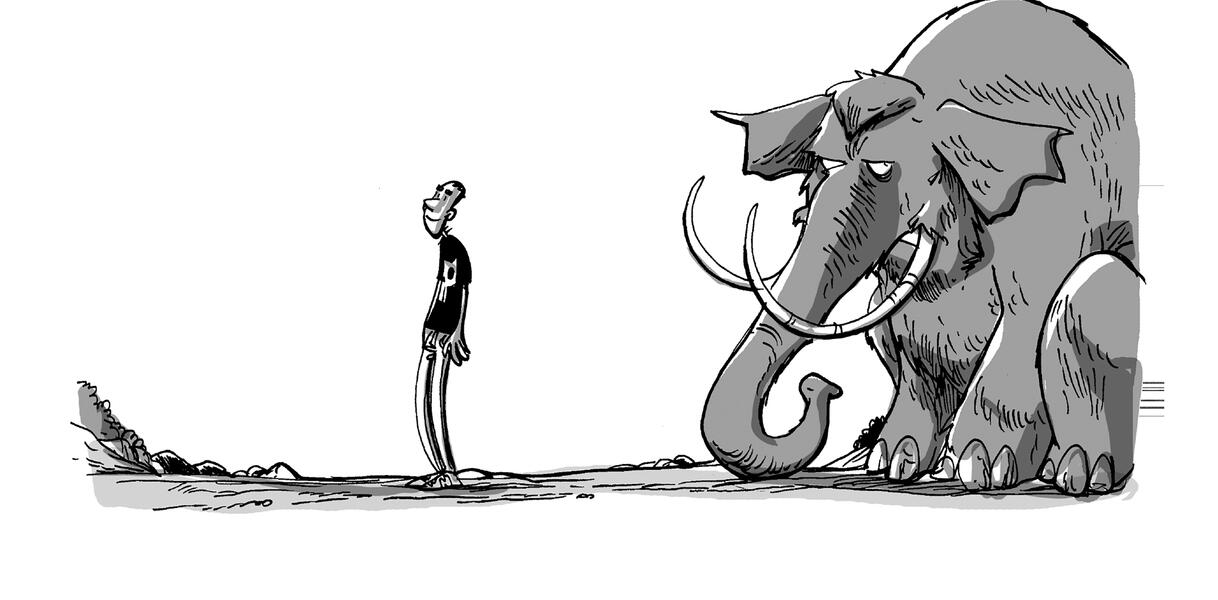 Comiczeichnung von einem Mammut und einem lächelnden schlaksigen Mann.